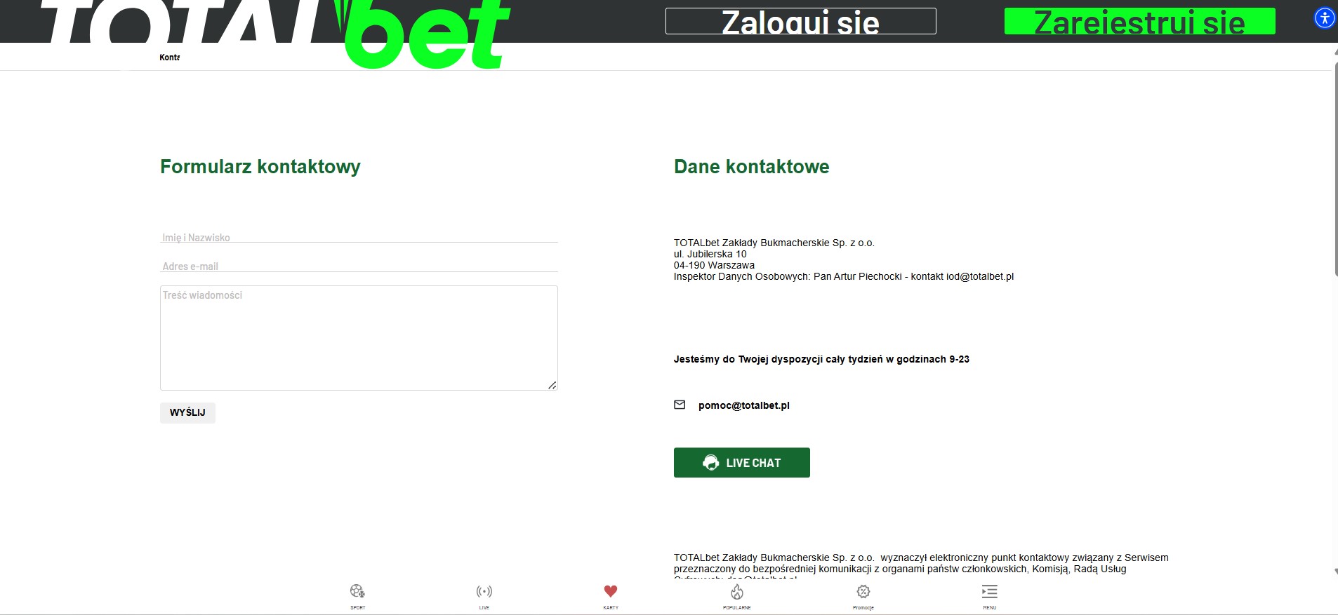 Kontakt Totalbet Polska